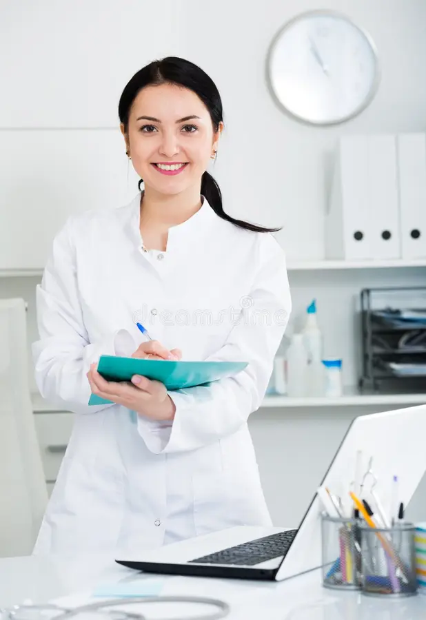 smiling woman nurse welcoming to arrange appointment hospital nurse arranging appointment 203245086
